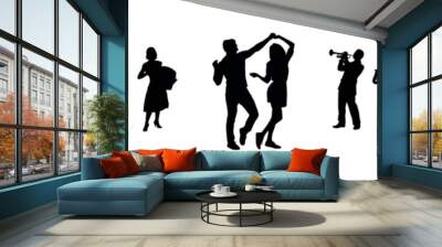 A couple dancing accompanied by music played by a group of musicians vector silhouettes. Couple dancing with street musicians playing music silhouette. Wall mural