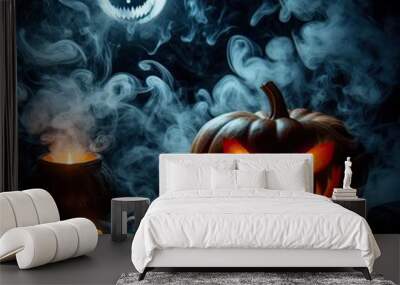 a spooky Halloween scene featuring a carved pumpkin with glowing eyes and a menacing grin, surrounded by dark, swirling smoke. Wall mural