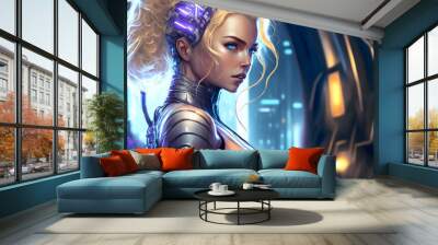 AI generated futuristic blonde Girl in space and future. Having blue eyes looking forward. Wallpaper and Background for art gamer Wall mural