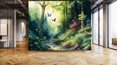 AI generated watercolor picture of a forest landscape in in sommer with birds and butterflies.  Wall mural