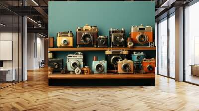 Background with abstract vintage cameras on the shelf. Wall mural