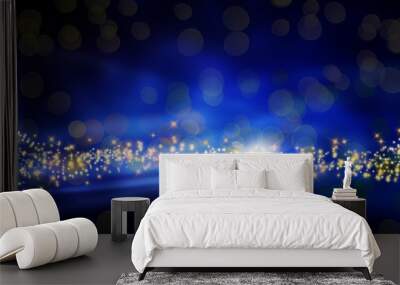 Magical blue Christmas background with bright stars and blurred lights Wall mural