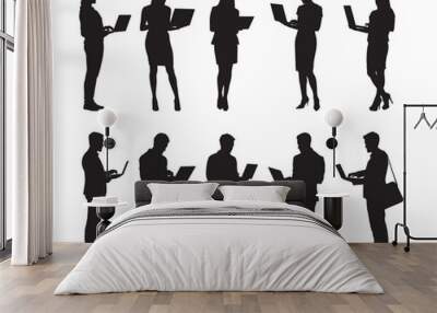 Business people group standing and working on laptop vector silhouette set. Wall mural