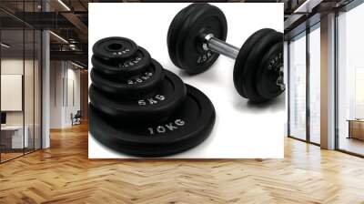 different weights for bodybuilding with dumbbell isolated on white background Wall mural