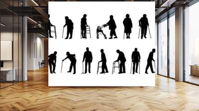 Elderly people using walking aid silhouette set collection. Senior pensioner people walking with walking aids vector silhouette. Wall mural