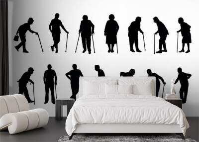 Elderly people with walking stick cane silhouette set collection. Silhouette set of old man and woman using walking aid. Wall mural