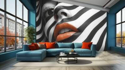 Female face with artistic black and white drawing, optical illusions. Wall mural