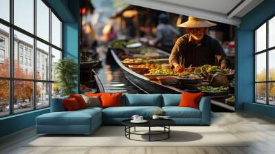 Floating market in Asia, boats with goods. Wall mural