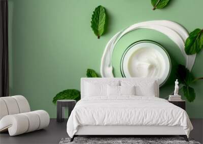 Fresh Mint Cream Jar on Green Background Wall mural