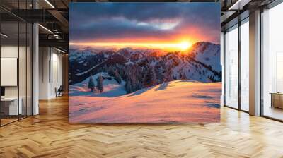 Colorful sunset over snowy mountain landscape in winter. Allgau Alps, Bavaria, Germany, Europe Wall mural