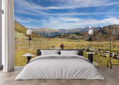 Male hiker in autumn walking in the Oetztal Alps, Tirol, Austria. Landscape with grass, rocky mountains and blue sky Wall mural