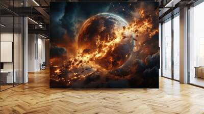 Galactic fantasy landscape. Fiery landscape of the planet. Wall mural