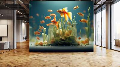 Goldfish in an aquarium with green beautiful plants. Wall mural