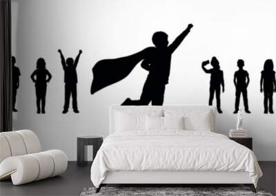 Happy boy with superman costume posing in front group of kids vector silhouette. Wall mural