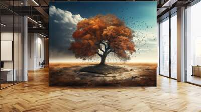 Landscape, a lonely tree in a field during a dry season. Wall mural