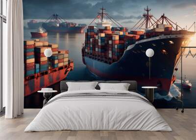 Large transport ship with containers on board, accompanied by small ships. Wall mural