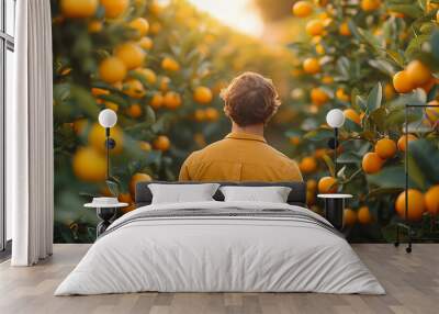 Man in straw hat strolling in orange grove. Wall mural