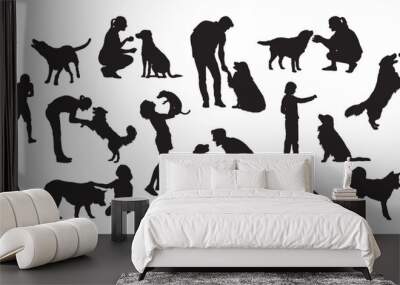 People playing with dog various activities collection set vector silhouette. Wall mural