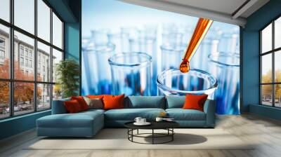 closeup of test tubes with orange or blue liquid. dropping glass with an orange drop above. testing  Wall mural