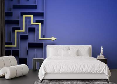 Concept - solving a complex problem. Blue maze and floor with yellow solution path with arrow. Banner size. Wall mural