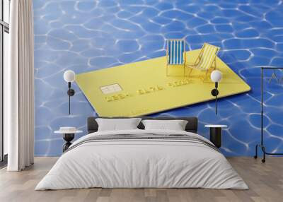 Using a credit card for paying the summer vacation concept. Two beach folding chairs on an oversized credit card with surrounding blue swimming pool water. Wall mural