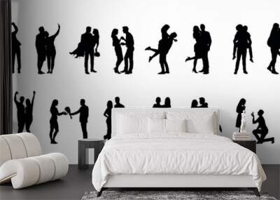 Romantic couple in various poses silhouettes collection set. Couple falling in love different poses isolated on white background silhouette set. Wall mural