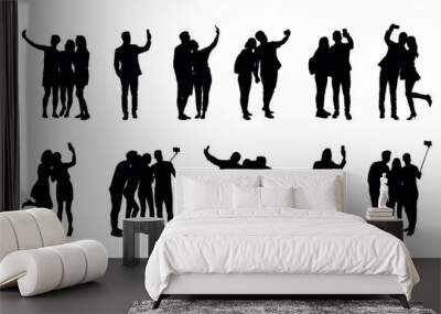 Silhouette group of people selfie different poses silhouette vector set on white background. Wall mural