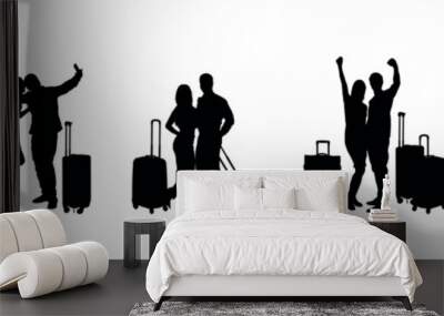 Silhouette set of tourists couple travellers with luggage. Couple traveling with their suitcases black silhouette. Wall mural