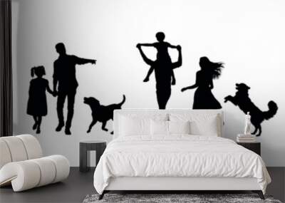 Silhouettes set of family walking and playing with dog vector illustration. Wall mural