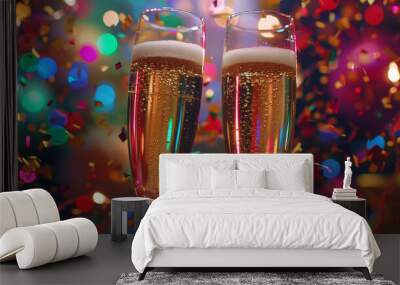 Two Champagne Glasses Clinking with Colorful Confetti and Lights Wall mural