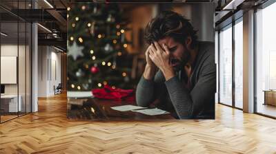 Winter depression showing a sad man in Christmas setting. Generated with ai. Wall mural