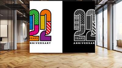 22nd anniversary logo set, twenty second badge, colorful logo for celebration event, invitation, congratulations, web template, flyer and booklet, retro symbol Wall mural