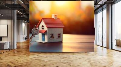 3D model of a home with a key on a wooden table, surrounded by ample copy space. Signifying mortgage, investment, real estate, and property opportunities Wall mural