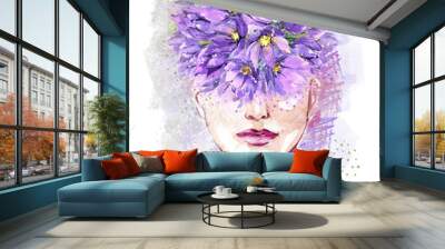 A bouquet of purple snowdrops, watercolor flowers on a woman's face. A bouquet of spring flowers, a wreath on the face, an abstract watercolor illustration isolated on a white background Wall mural