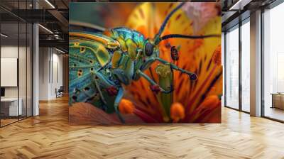 A creative macro image of an insect composed with other elements, such as flowers, leaves, or natural textures Wall mural