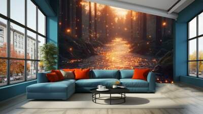 A flowing river winding through a dense forest, with glowing arrows made of light following the river's path, representing the flow of trends. The background features tall trees and a glowing suns Wall mural