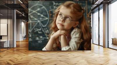 A little schoolgirl is thinking about how to solve a problem, behind her there is a board with formulas Wall mural