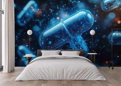 A mesmerizing scene featuring floating blue capsules surrounded by sparkling effects. The dreamy ambiance creates a surreal atmosphere, perfect for backgrounds, wellness, and science-related conc Wall mural