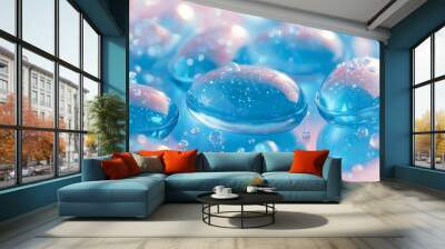 A mesmerizing scene featuring floating blue capsules surrounded by sparkling effects. The dreamy ambiance creates a surreal atmosphere, perfect for backgrounds, wellness, and science-related conc Wall mural