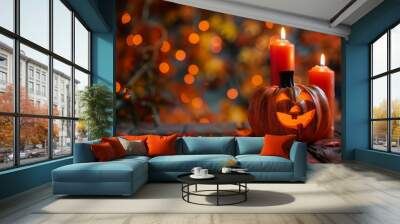 A pumpkin with a smiley face on it sits on a table next to two lit candles Wall mural