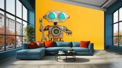 A robot on a yellow background holds a wrench in its hand. The robot is made of metal and has a mechanical appearance Wall mural