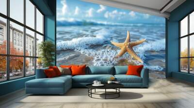 A starfish is laying on the sand in the ocean Wall mural