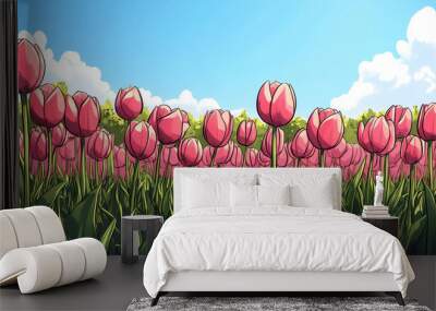 A vibrant field of tulips in full bloom 
 Wall mural