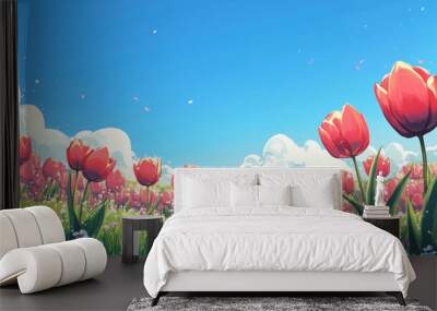 A vibrant field of tulips in full bloom 
 Wall mural