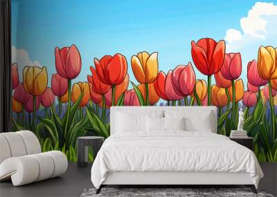 A vibrant field of tulips in full bloom 
 Wall mural