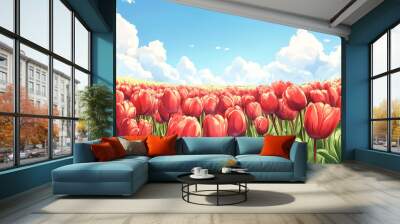 A vibrant field of tulips in full bloom 
 Wall mural