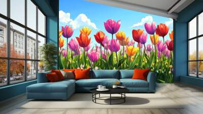 A vibrant field of tulips in full bloom 
 Wall mural