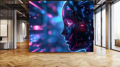 A woman's face is shown in a futuristic cityscape with neon lights Wall mural