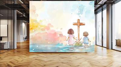 Adorable children illustration in watercolors, christian theme with a cross and 2 children. Easter in about Jesus Christ on the cross and his resurrection.  Wall mural