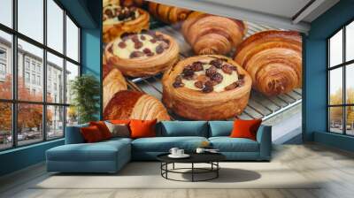 Close-up of fresh and beautiful french pastries in a bakery showcase Wall mural